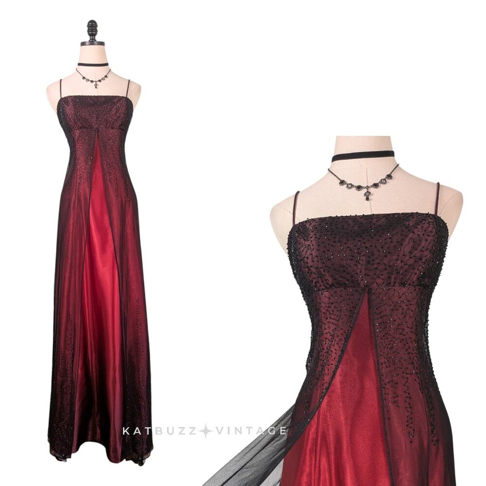 Vintage Morgan Prom Dress Maxi Gown 8 Red Black Babydoll Princess 90s Y2K Goth